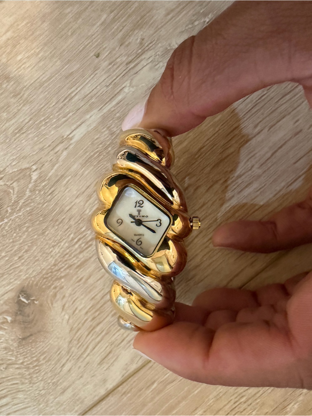 Vintage TIMO Two Tone Gold Silver Chunky Ribbed Twist Hinged Cuff Bangle Watch